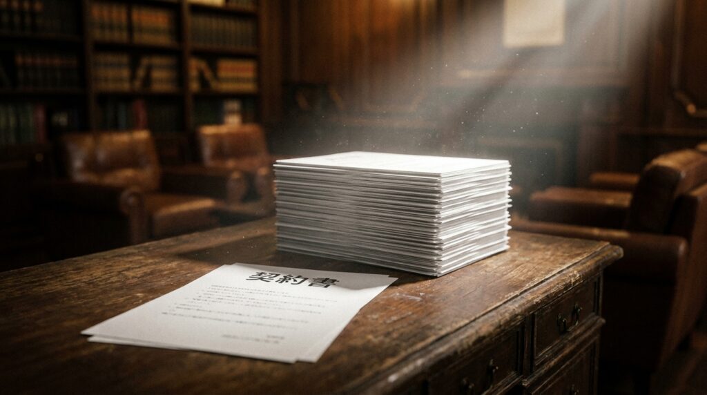 Stack of white documents on a wooden desk in a study, with a single sheet showing Japanese text in the foreground.
