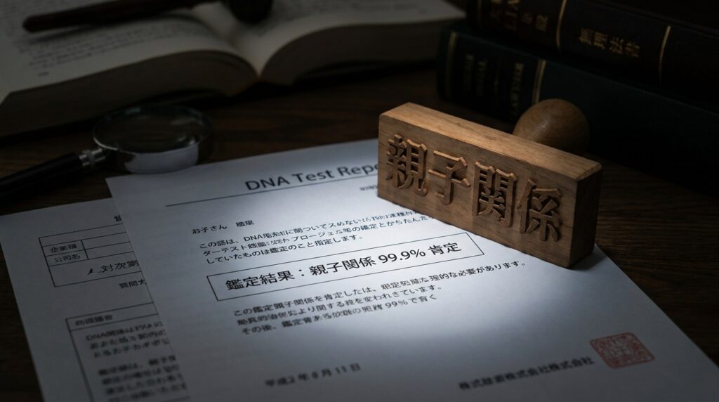 DNA test report on a desk with a wooden stamp reading '親子関係' (parent-child relationship) beside a magnifying glass and stacked books.