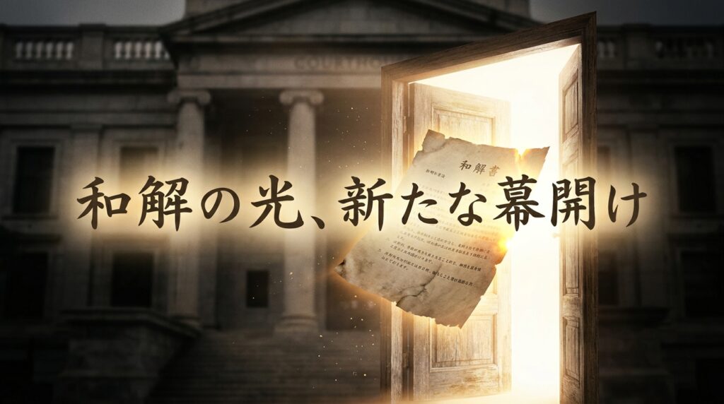 Doorway glowing with bright light opens to a dark historic building; a torn paper floats, bearing Japanese text about reconciliation and a new dawn.
