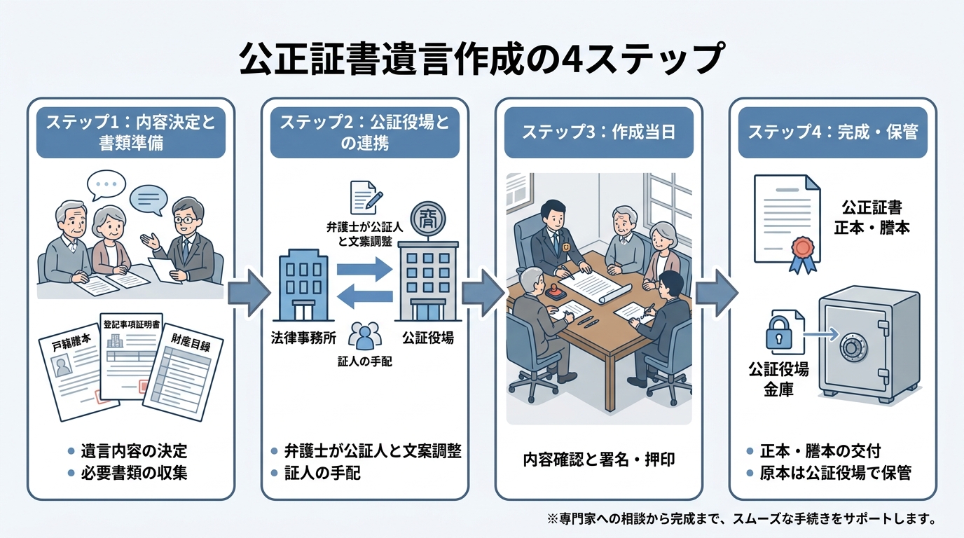 公正証書遺言作成の4つのステップを示した図解。ステップ1は内容決定と書類準備、ステップ2は公証役場との連携、ステップ3は作成当日の署名押印、ステップ4は完成と保管。