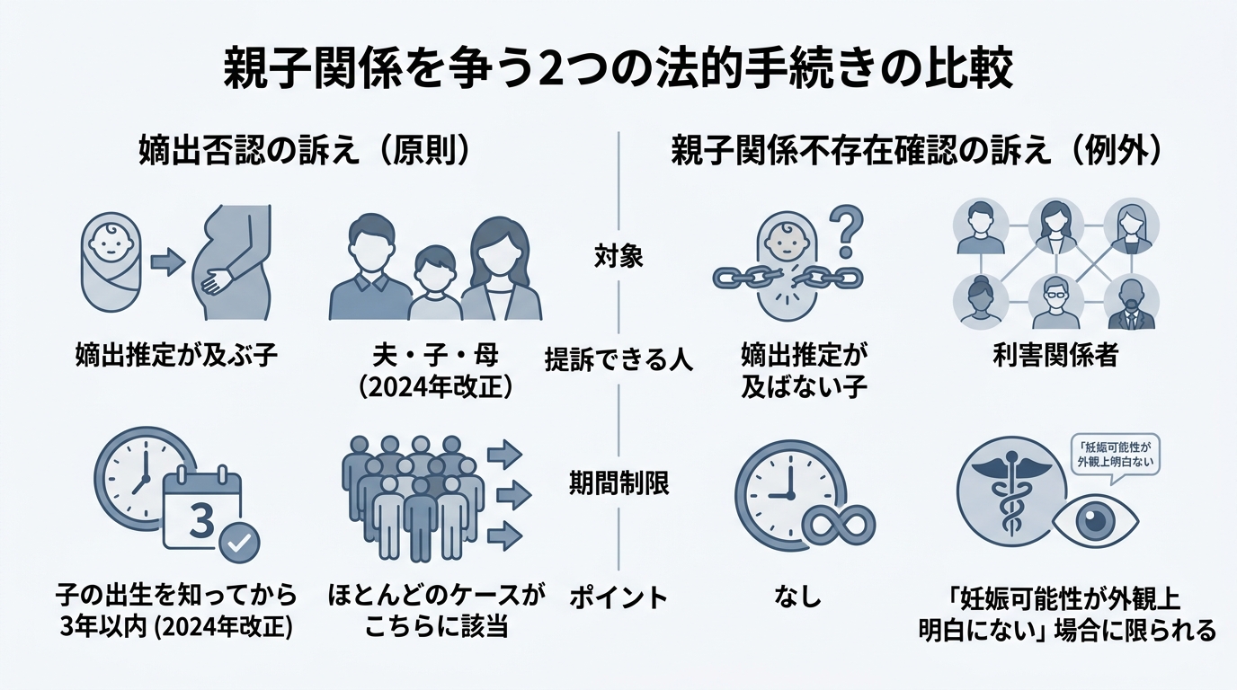 嫡出否認の訴えと親子関係不存在確認の訴えの違いを比較した図解。対象、提訴できる人、期間制限、ポイントをそれぞれ解説。