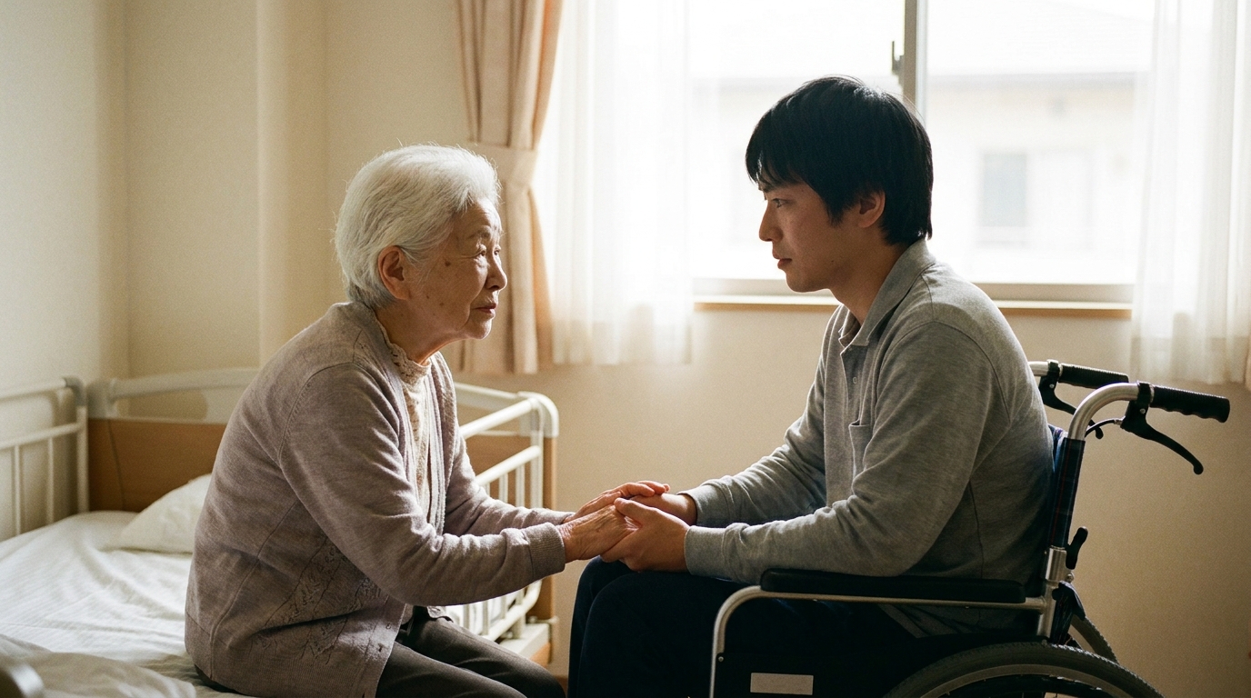 介護施設で高齢の母親が車椅子の息子の手を握り、将来の介護について思いを馳せている様子。