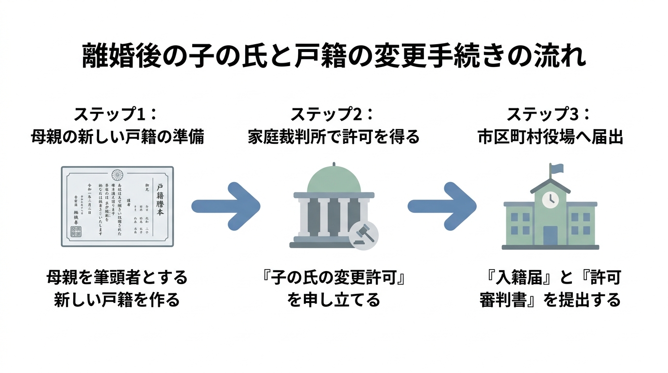 離婚後の子供の戸籍と氏を変更するための3つのステップを示した図解。ステップ1は母親の新しい戸籍の準備、ステップ2は家庭裁判所での許可、ステップ3は市区町村役場への届出。