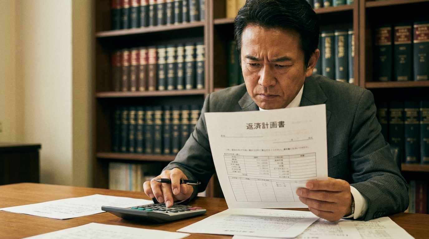 任意整理後の返済計画を立てる男性。電卓と書類を前に真剣な表情で計算している。