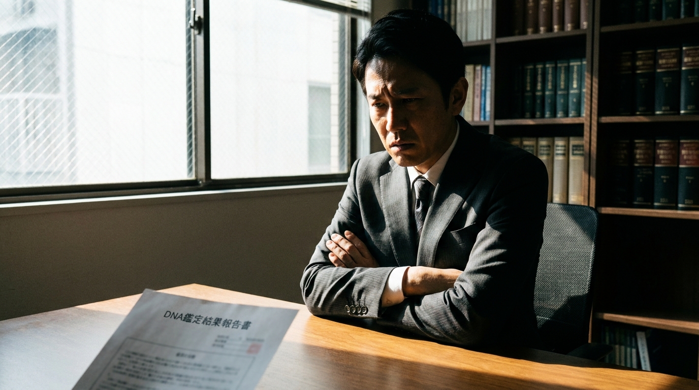 DNA鑑定の結果を前に法律事務所で深く悩む男性。親子関係の問題で専門家への相談が必要であることを示唆している。