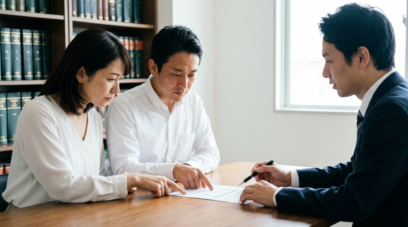 弁護士に財産分与の相談をする夫婦。証券会社の取引残高報告書を見ながら、株式の評価について説明を受けている様子。