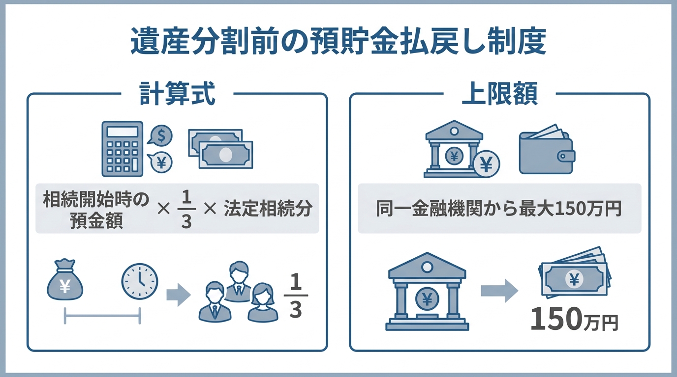 遺産分割前の預貯金払戻し制度の仕組みを図解。払戻し額の計算式と、金融機関ごとの上限150万円のルールが示されている。