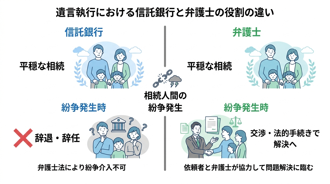 信託銀行と弁護士の遺言執行における役割の違いを示した図解。相続で紛争が発生した場合、信託銀行は辞退するが、弁護士は交渉や法的手続きで解決できることを示している。