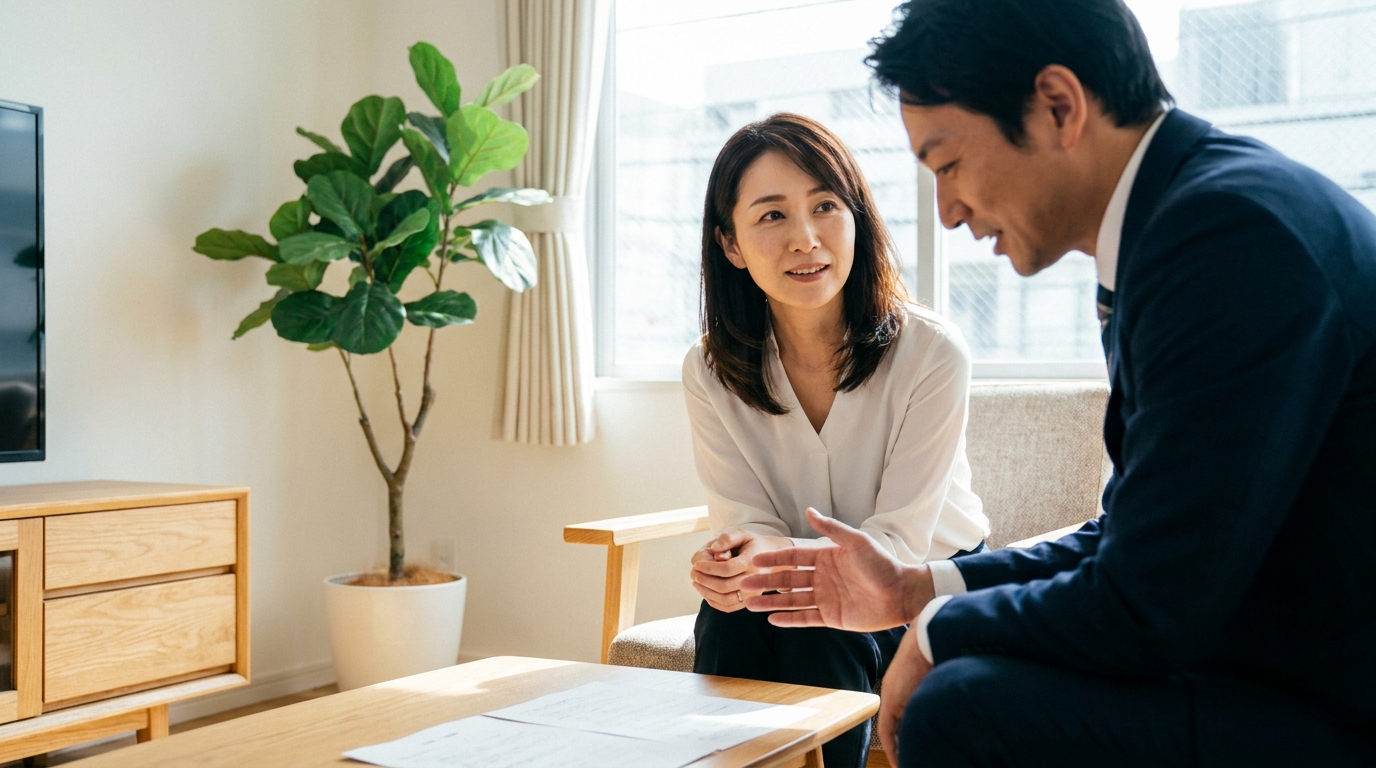 法律事務所で弁護士に相談し、安堵の表情を浮かべる女性。モラハラ離婚の悩みが解決に向かう希望を表している。