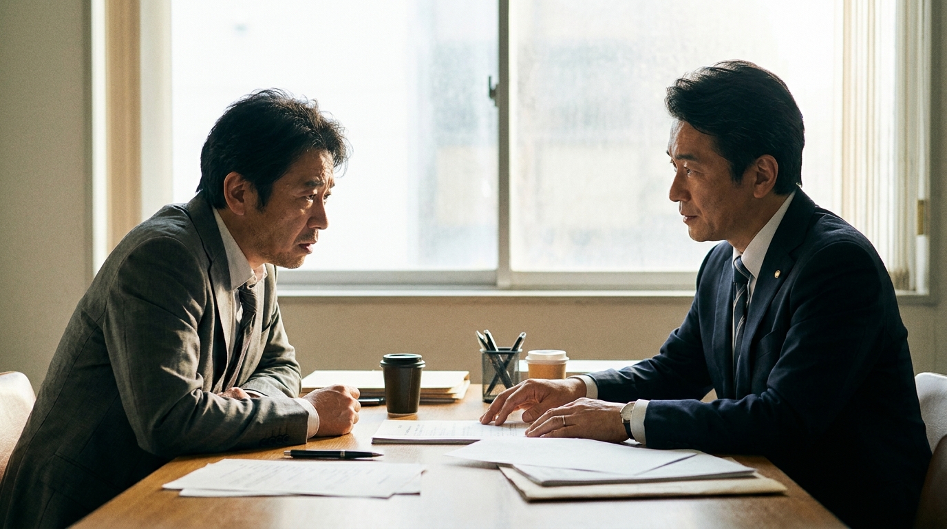 法律事務所で弁護士に任意整理の相談をする男性。交渉が不利になるケースについて説明を受けている。