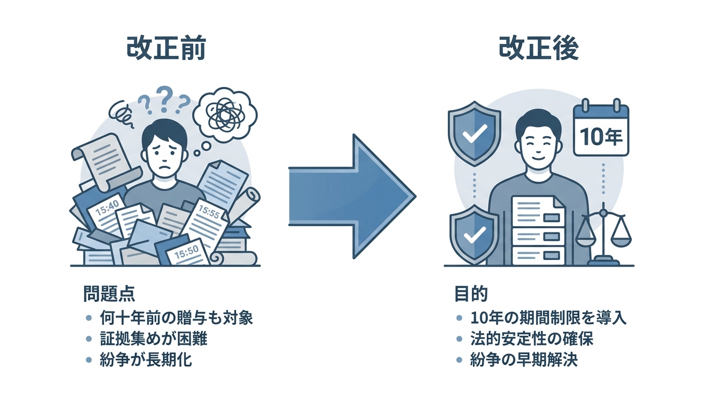 民法改正による特別受益の扱い変更を比較した図解。改正前は証拠集めが困難で紛争が長期化する問題があったが、改正後は10年の期間制限導入により法的安定性が確保され紛争の早期解決が図られるようになった。