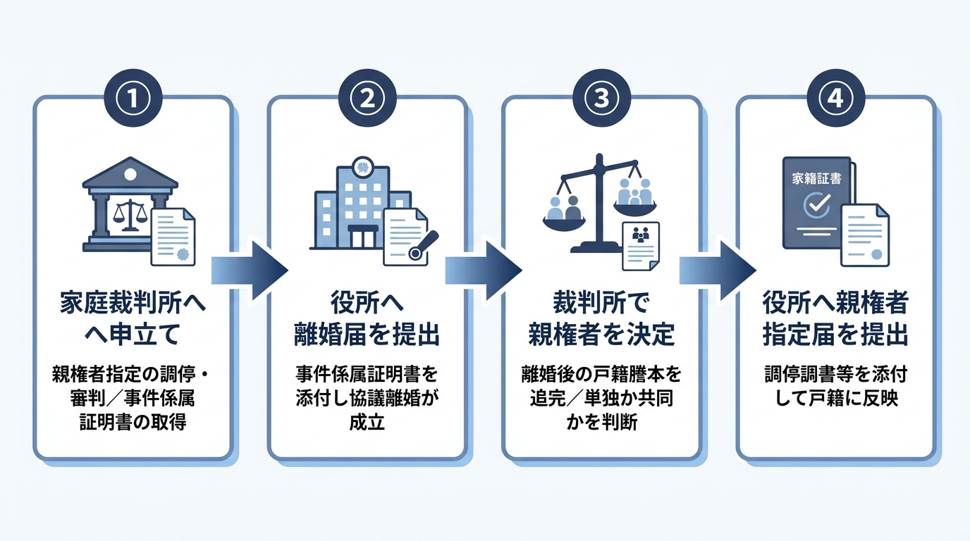 親権者指定の調停を申し立てて先に協議離婚する4つの手順の図解