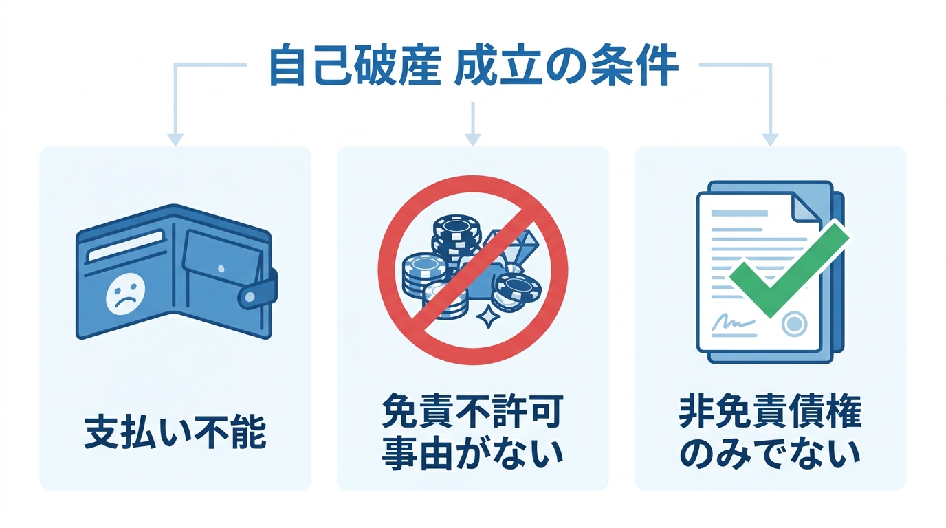 自己破産が認められるための3つの条件「支払い不能であること」「免責不許可事由がないこと」「非免責債権のみでないこと」をアイコンで示した図解。