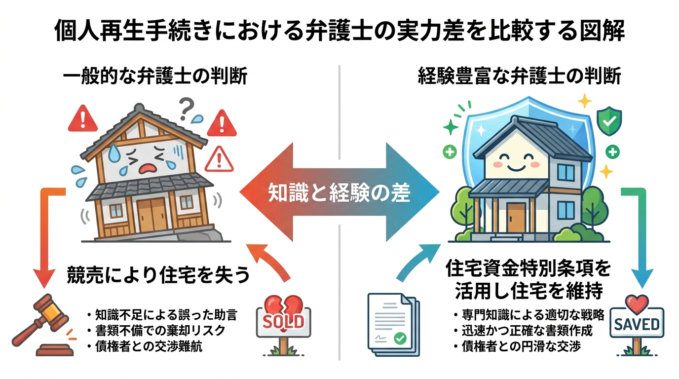 個人再生における弁護士の実力差を示した図。経験の浅い弁護士では住宅を失う可能性がある一方、経験豊富な弁護士なら住宅を維持できる可能性があることを示している。