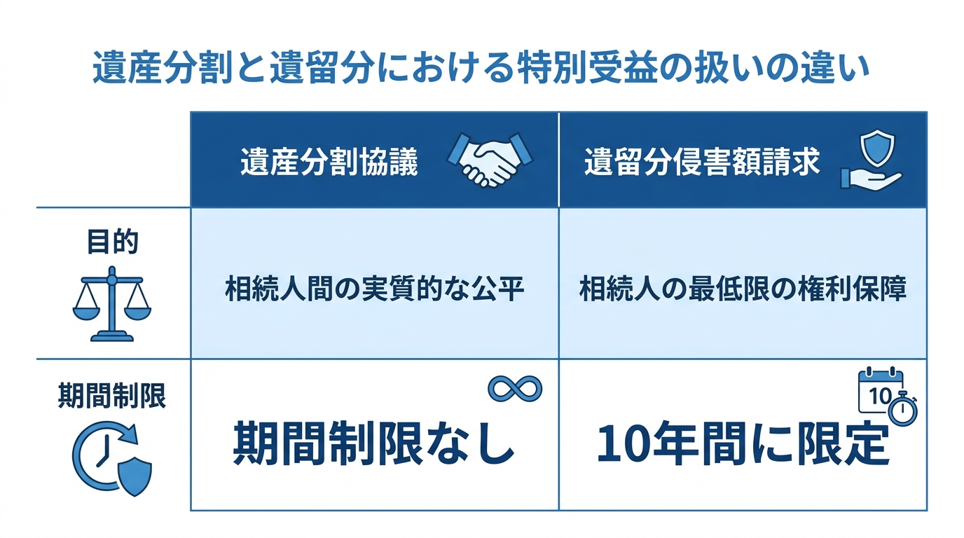 遺産分割と遺留分における特別受益の期間制限の違いを示す比較表。遺産分割では公平を目的とし期間制限はないが、遺留分では最低限の権利保障を目的とし10年の期間制限がある。